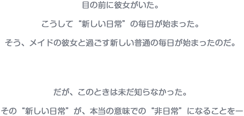 目の前に彼女がいた。こうして“新しい日常”の毎日が始まった。そう、メイドの彼女と過ごす新しい普通の毎日が始まったのだ。だが、このときは未だ知らなかった。その“新しい日常”が、本当の意味での“非日常”になることをー